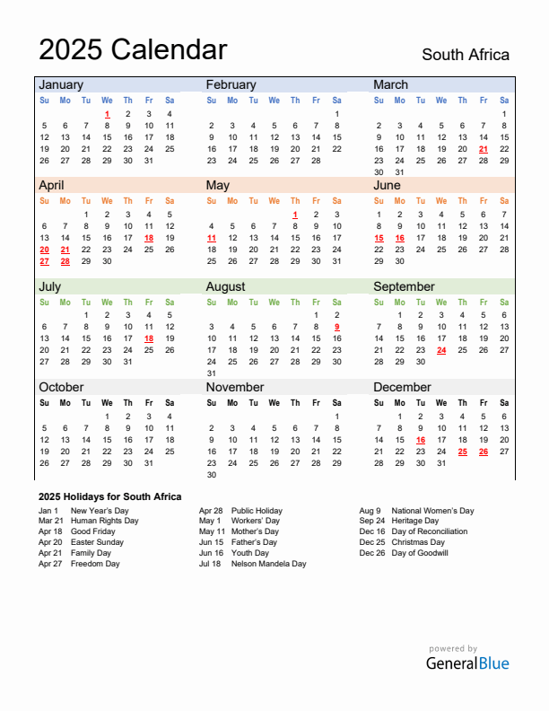 Calendar 2025 with South Africa Holidays