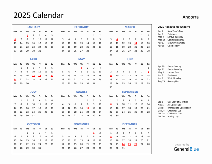 2025 Calendar with Holidays for Andorra