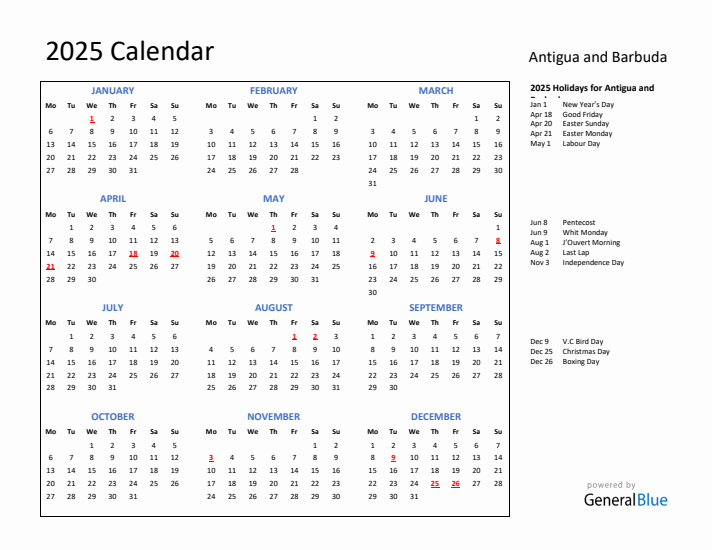 2025 Calendar with Holidays for Antigua and Barbuda