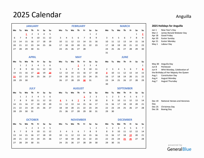 2025 Calendar with Holidays for Anguilla