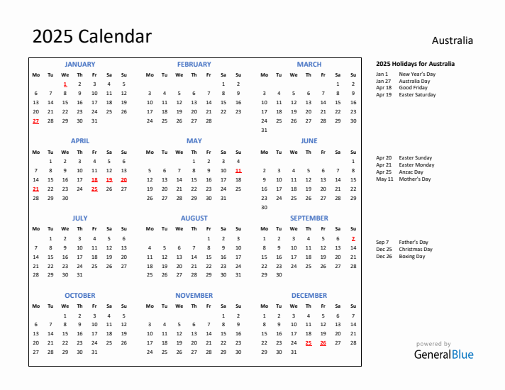 2025 Calendar with Holidays for Australia