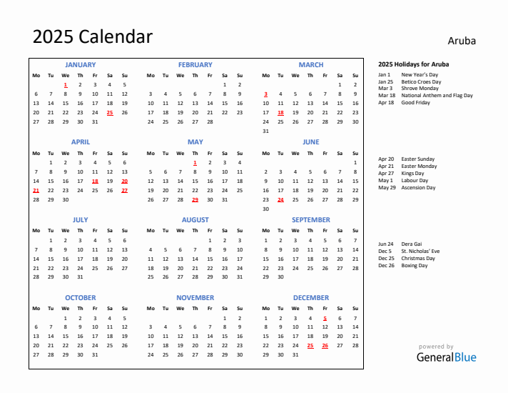 2025 Calendar with Holidays for Aruba