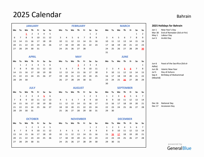 2025 Calendar with Holidays for Bahrain