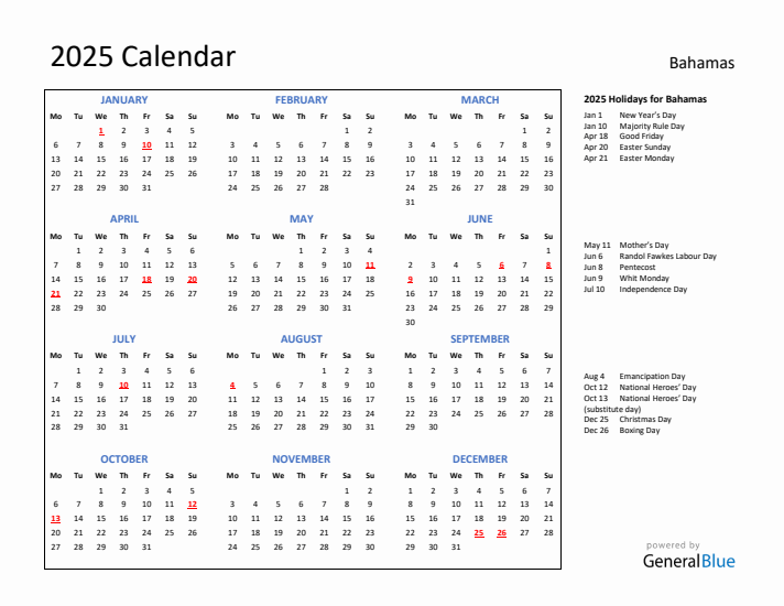 2025 Calendar with Holidays for Bahamas