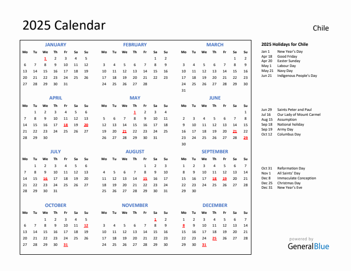 2025 Calendar with Holidays for Chile