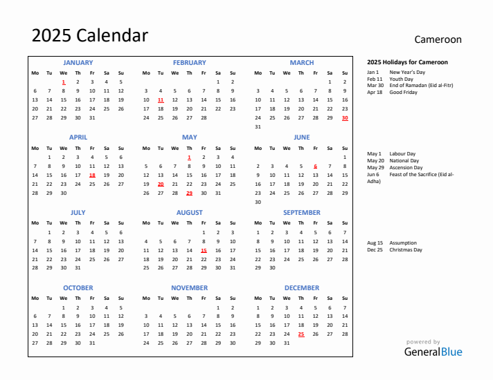 2025 Calendar with Holidays for Cameroon