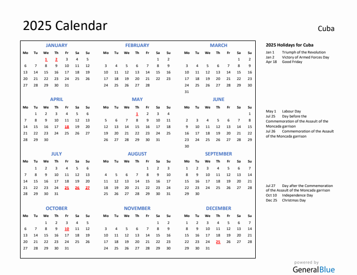 2025 Calendar with Holidays for Cuba