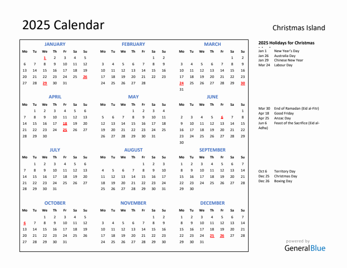 2025 Calendar with Holidays for Christmas Island