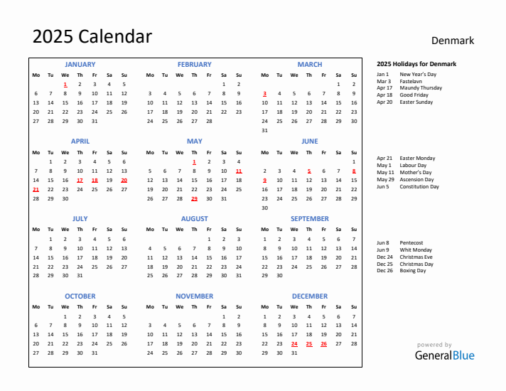 2025 Calendar with Holidays for Denmark