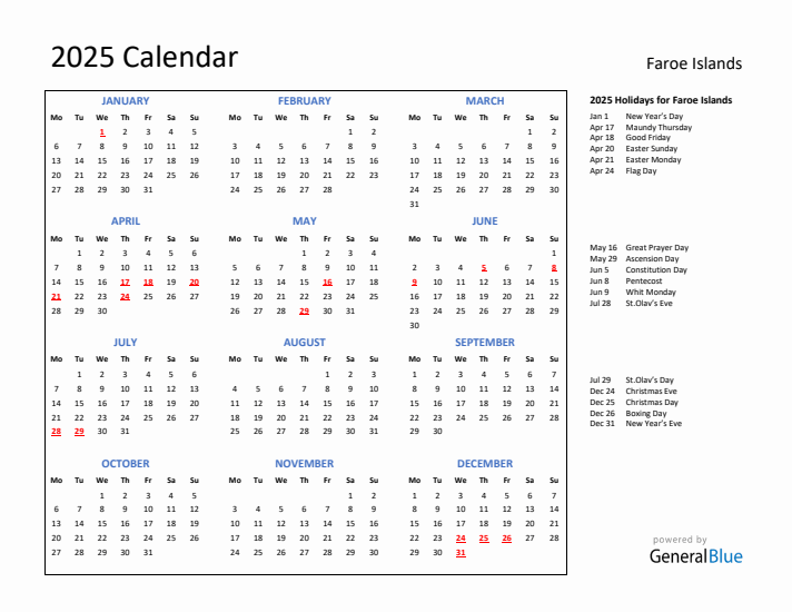 2025 Calendar with Holidays for Faroe Islands