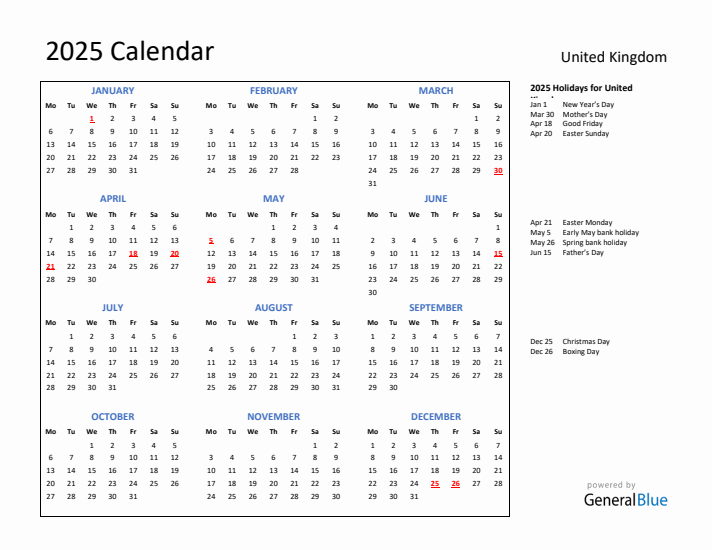 2025 Calendar with Holidays for United Kingdom