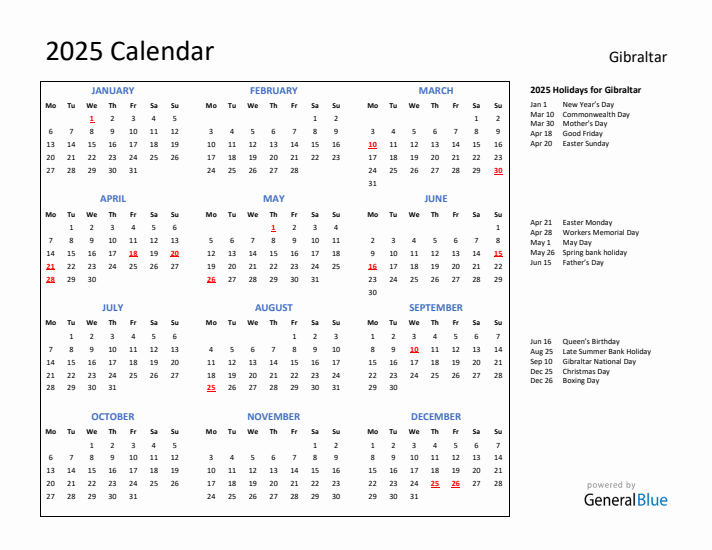 2025 Calendar with Holidays for Gibraltar