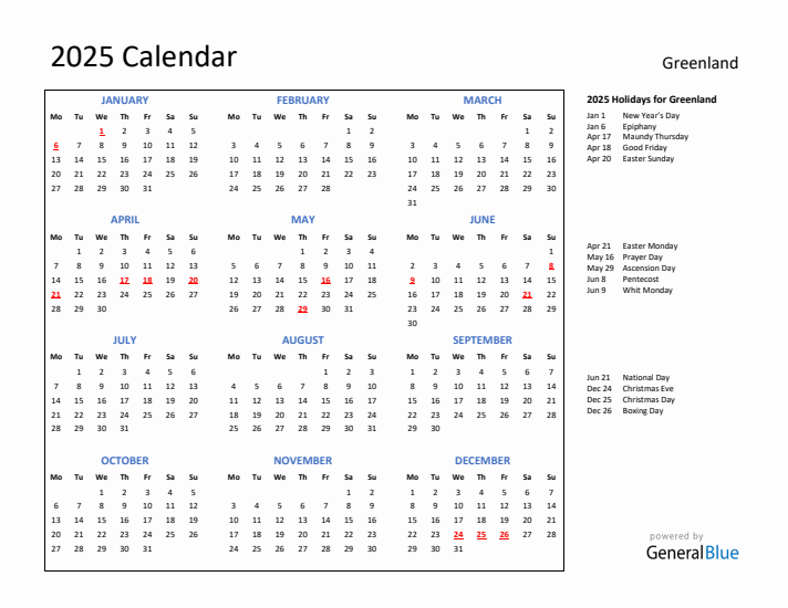 2025 Calendar with Holidays for Greenland