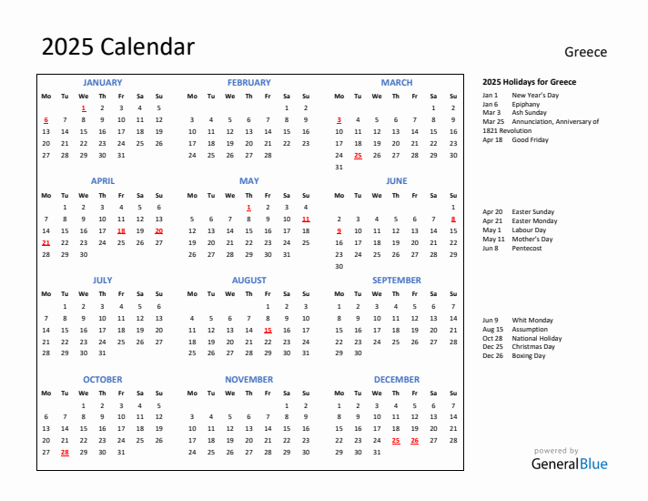 2025 Calendar with Holidays for Greece