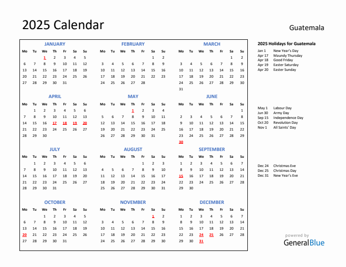 2025 Calendar with Holidays for Guatemala