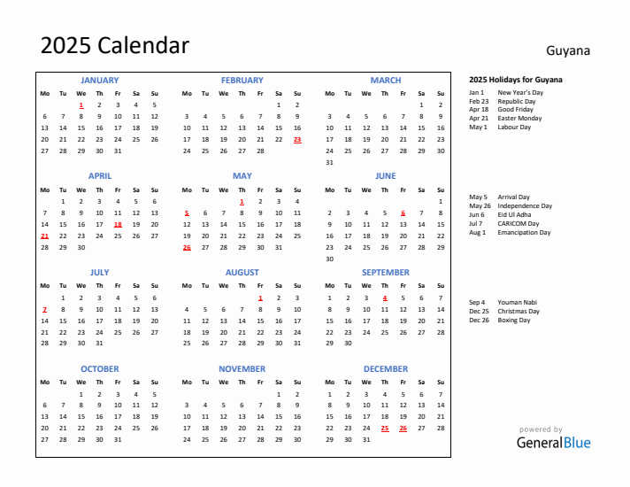 2025 Calendar with Holidays for Guyana