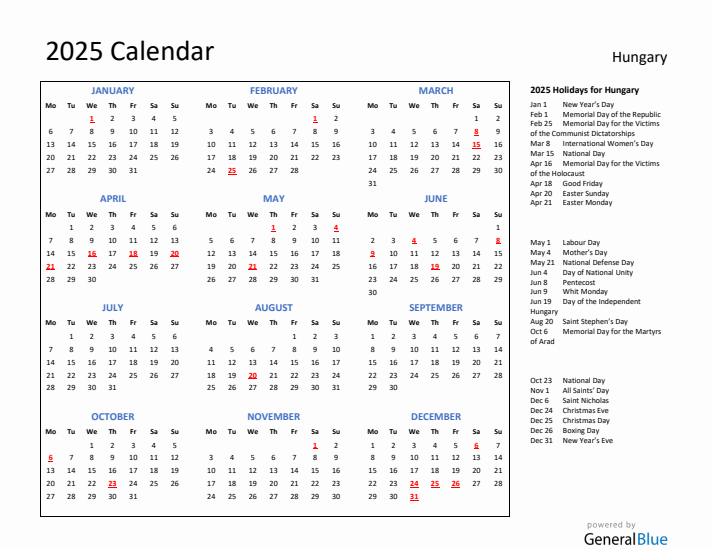 2025 Calendar with Holidays for Hungary