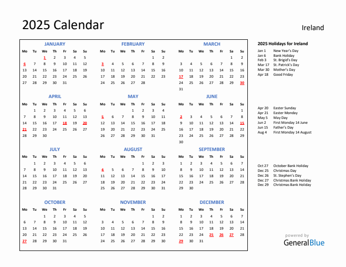 2025 Calendar with Holidays for Ireland