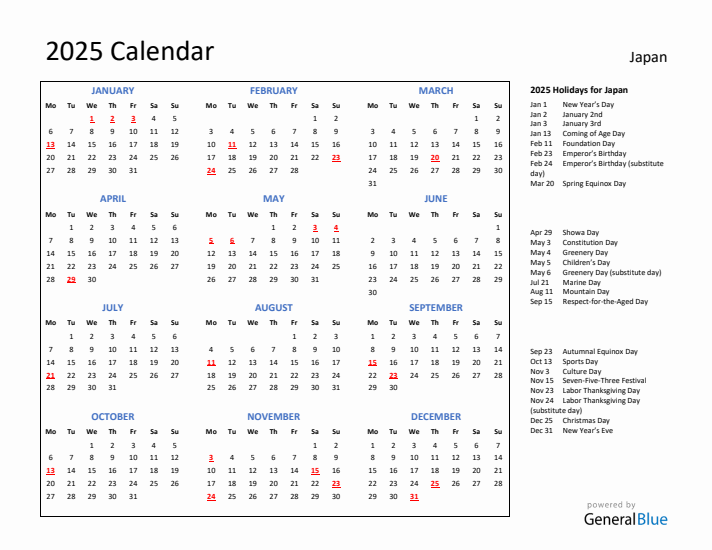 2025 Calendar with Holidays for Japan