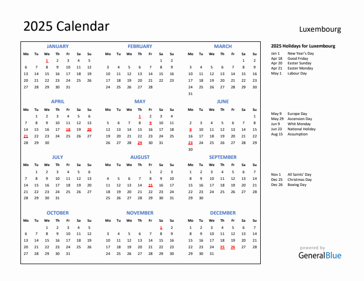 2025 Calendar with Holidays for Luxembourg