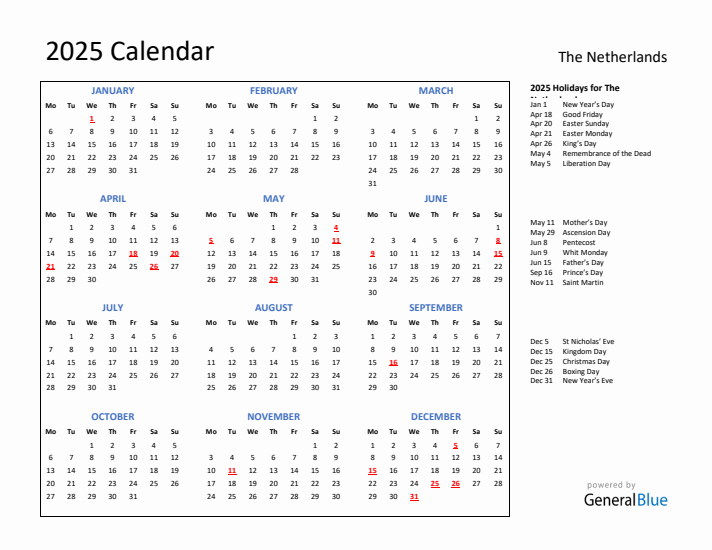 2025 Calendar with Holidays for The Netherlands