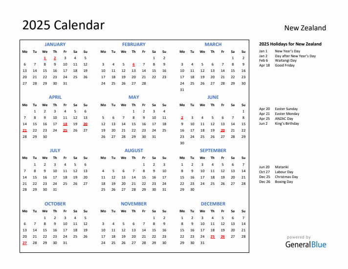 2025 Calendar with Holidays for New Zealand