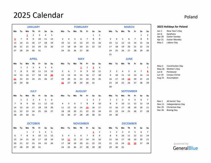 2025 Calendar with Holidays for Poland