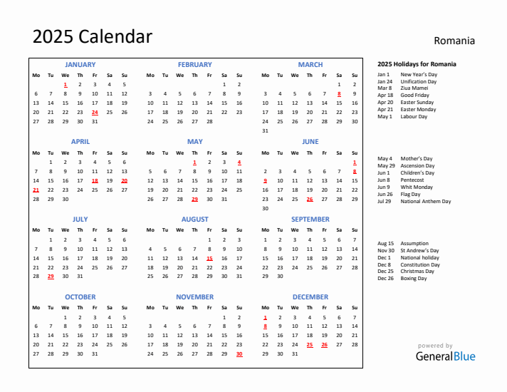 2025 Calendar with Holidays for Romania