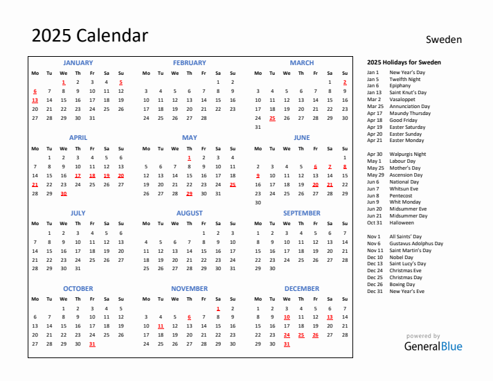 2025 Calendar with Holidays for Sweden