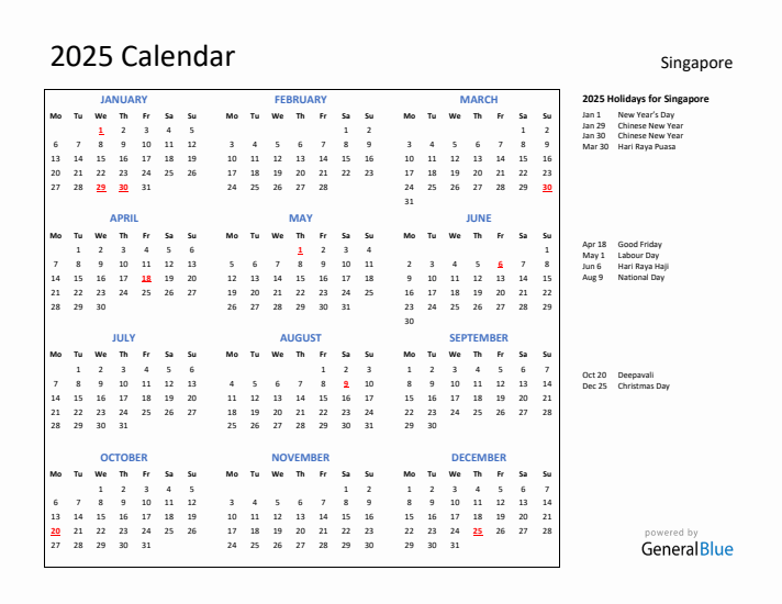 2025 Calendar with Holidays for Singapore