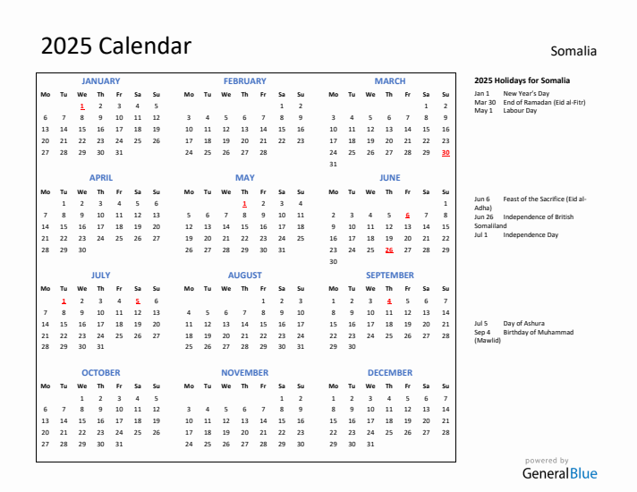 2025 Calendar with Holidays for Somalia