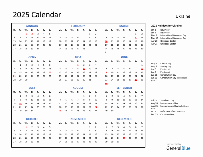 2025 Calendar with Holidays for Ukraine