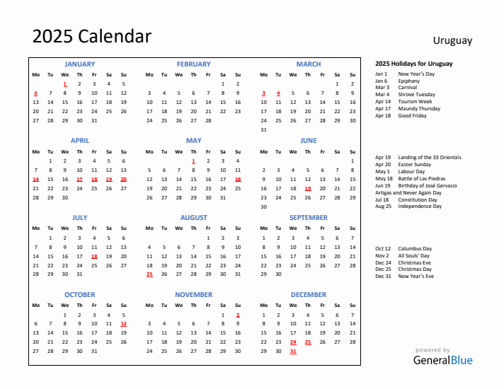 2025 Calendar with Holidays for Uruguay