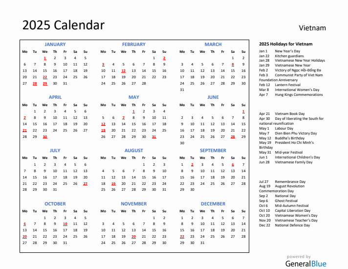 2025 Calendar with Holidays for Vietnam