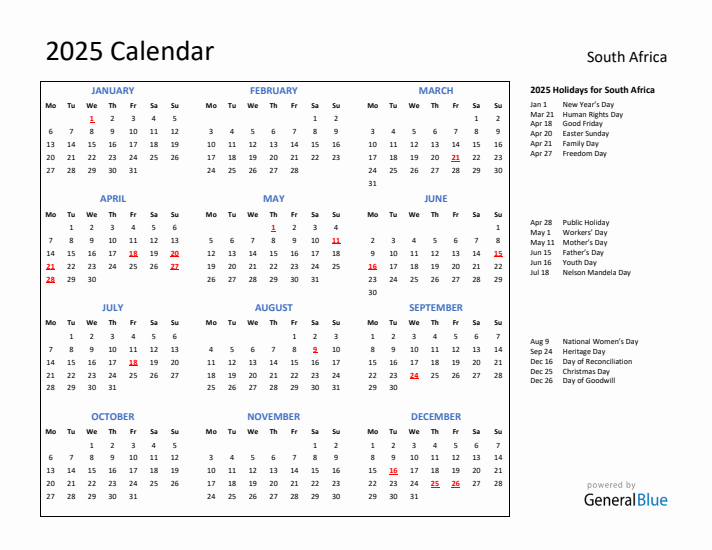 2025 Calendar with Holidays for South Africa