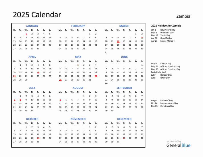 2025 Calendar with Holidays for Zambia