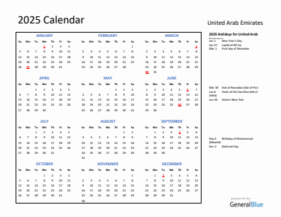 United Arab Emirates current year calendar 2025 with holidays