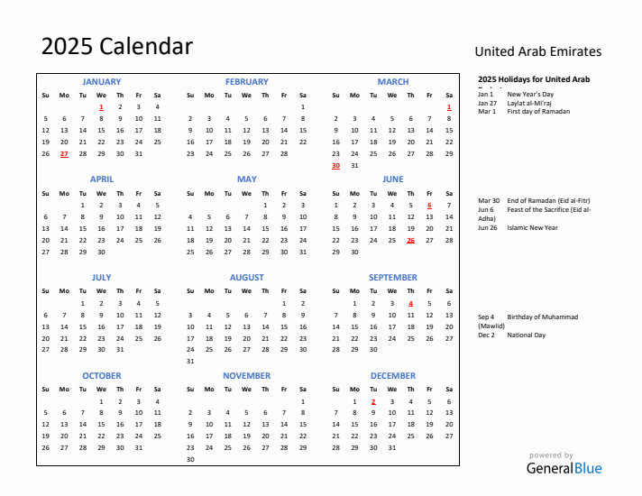 2025 Calendar with Holidays for United Arab Emirates