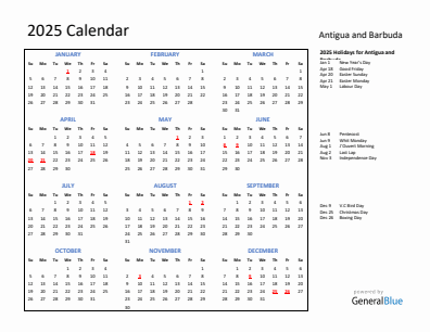 Antigua and Barbuda current year calendar 2025 with holidays