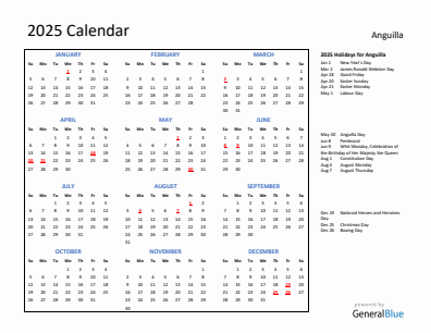 Anguilla current year calendar 2025 with holidays