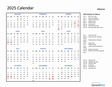 Albania current year calendar 2025 with holidays