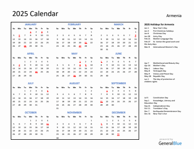 Armenia current year calendar 2025 with holidays