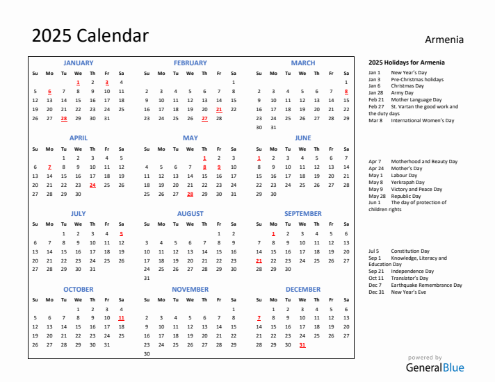 2025 Calendar with Holidays for Armenia