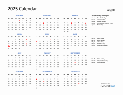 Angola current year calendar 2025 with holidays