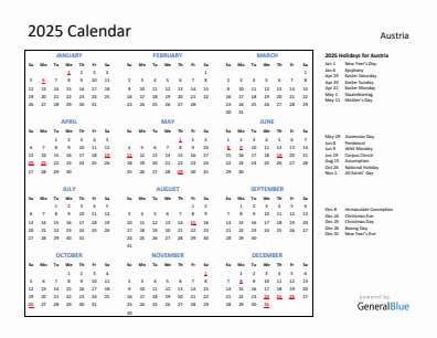 Austria current year calendar 2025 with holidays