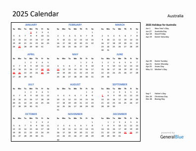 Australia current year calendar 2025 with holidays