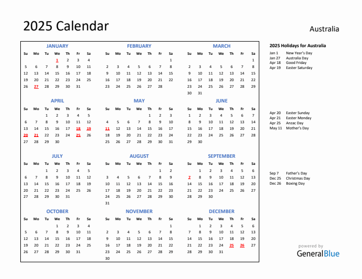 2025 Calendar with Holidays for Australia