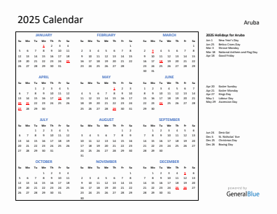 Aruba current year calendar 2025 with holidays