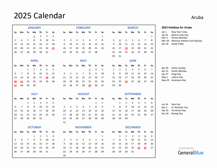 2025 Calendar with Holidays for Aruba