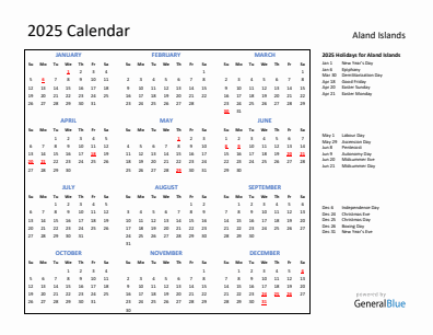 Aland Islands current year calendar 2025 with holidays